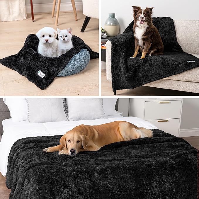 PetAmi Fluffy Waterproof Dog Blanket for Small Medium Dogs, Soft Warm Pet Sherpa Throw Pee Proof Couch Cover, Reversible Cat Puppy Bed Blanket Sofa Protector, Plush Washable Pad (Black, 24x32)