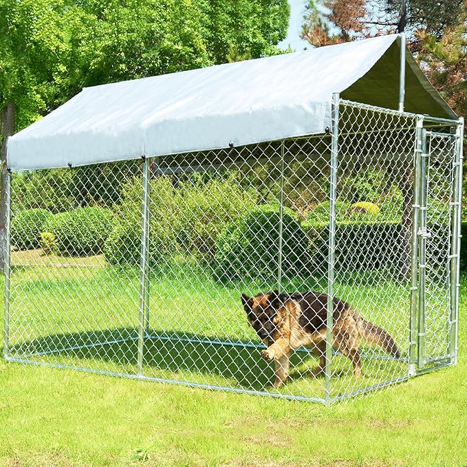 10x6x7.7ft Large Dog Kennel Outdoor, Heavy-Duty Outside Dog Kennel with Roof, Security Latch-Lock Door, Chain-Link Dog Enclosure Dog Run for Yard with Cover