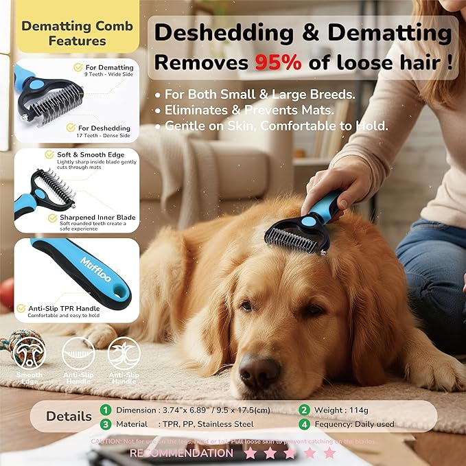 Pet Hair Removal & Dematting Kit: 6 Tools for Dogs and Cats with Shedding Glove, Undercoat Rake, Metal Comb, Flea Comb, Keychain, Hanger - for Car & Rug Clean - Ideal for Golden Retrievers & Long Hair