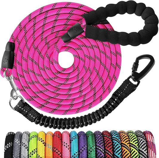 jenico Long Dog Leash 15FT: Heavy Duty Nylon Rope Leashes for Dogs Training with Reflective Threads Bungee and Padded Handle - Dog Lead for Large Small Medium Dogs Outside Walking Hiking - Pink