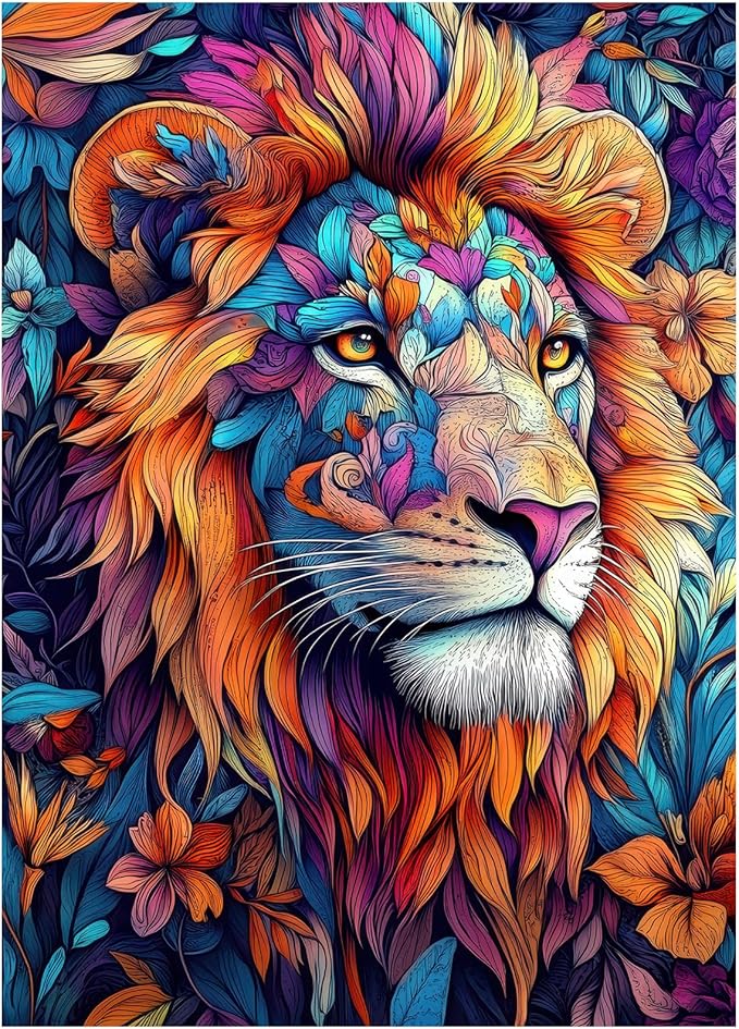 Puzzles for Adults 1000 Pieces, Colorful Lion Flowers Abstract Art Jigsaw Puzzle with Letters on Back, Premium Family Games Decor and Gift, 20x28 Inch
