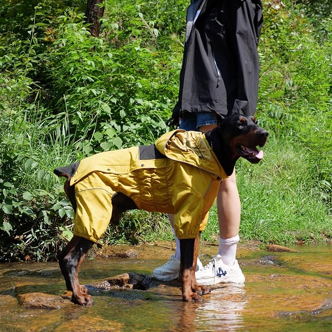 LOVELONGLONG Waterproof Dog Raincoat with Removable Hood – Outdoor Full Body Dog Jacket, Windproof Snowproof Shell Suit – All Season Pet Rain Gear Mustard Yellow 4XL