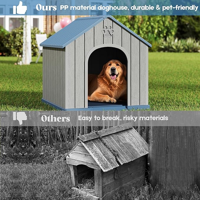 Large Dog House Outdoor Indoor, Durable Plastic Waterproof Doghouse with Air Vents and Elevated Floor, Easy Clean and Assemble for Medium Large Dogs (Classic Blue, 36.2''L×38''W×38''H)