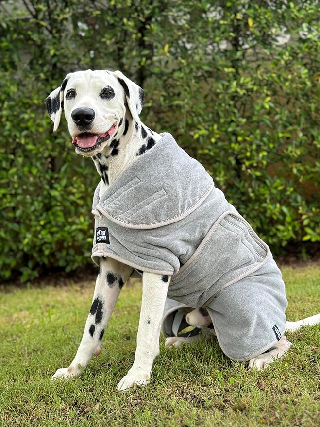 Tuff Pupper Fast Drying Dog Bath Robe | 800 GSM Plush Dog Towel Bathrobe/Dressing Gown | Super Absorbent Pet/Puppy Bathrobe | Adjustable Hood & Belly Strap | Super Soft | Fast Drying (XL, Gray)