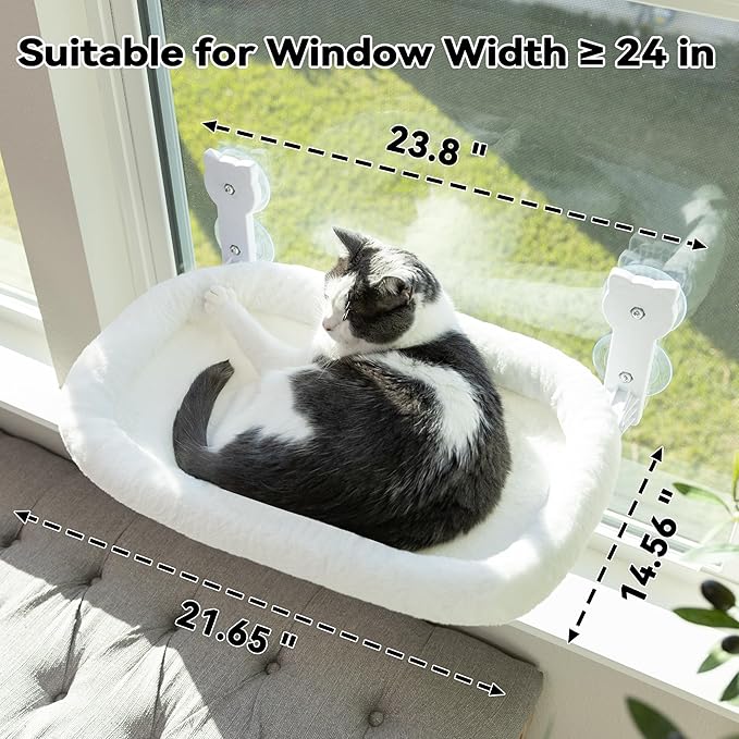 Cat Window Perch, Cat Window Hammock Soft and Comfortable Window Seat Bed with Washable Cover,Simple Install and Easy Clean Upgraded Suction Cups Hold up to 40lbs,Suitable for Window Width Over 24in