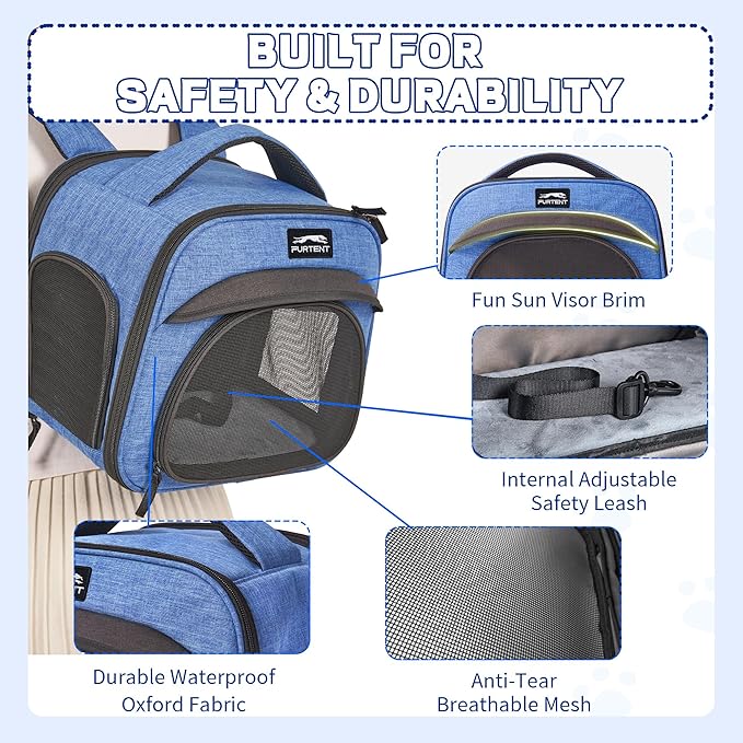 Small Pet Carrier, Breathable Collapsible Pet Bag with Safety Leash for Small Puppy, Kitten, Guinea Pig Weighing up to 8 Pounds Designed for Travel, Hiking, Walking and Outdoor Use, Blue