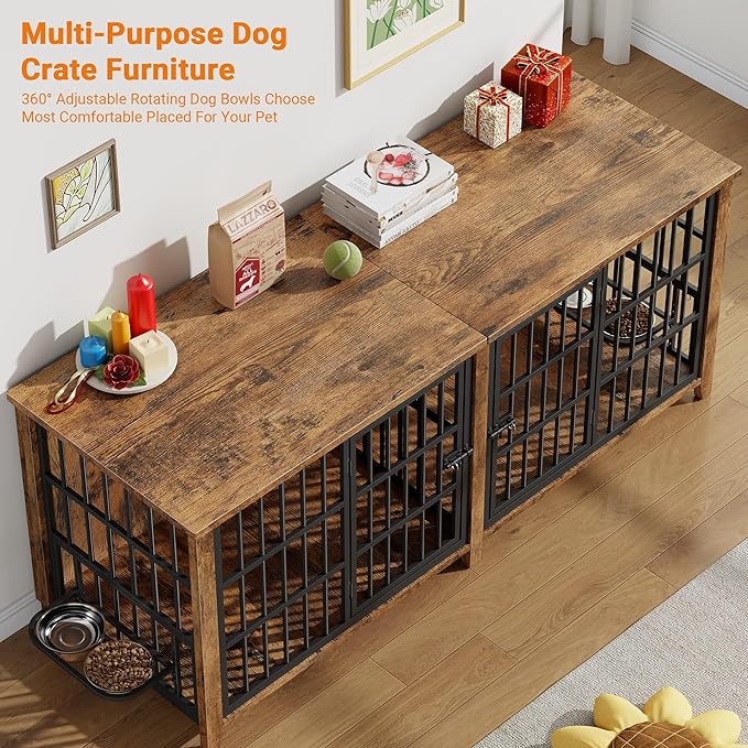 Lulive 78" Dog Crate Furniture for 1 Large or 2 Small/Medium, Extra Large Dog Kennel Indoor with Removable Divider & Adjustable Height Dog Bowls, Heavy Duty Wooden Double Dog Cage as TV Stand, Brown