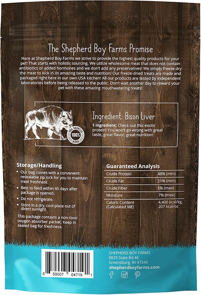 Shepherd Boy Farms Freeze Dried Dog and Cat Treats, Bison Liver, All Natural Freeze-Dried Dog Treat & Snacks, Made in USA, High in Protein, Essential Nutrition of Raw Food, 3oz