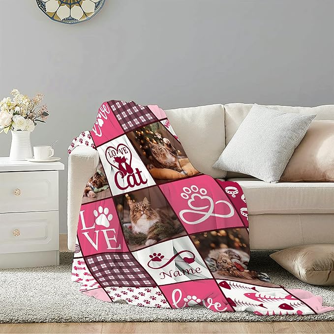 Personalized Pet Blanket Custom Name Photo Puppy Gift for Dogs Cats Lovers Mom Dad Soft Cozy Fleece Throw Bed Sofa Travel Medium 60''x50'' Teens