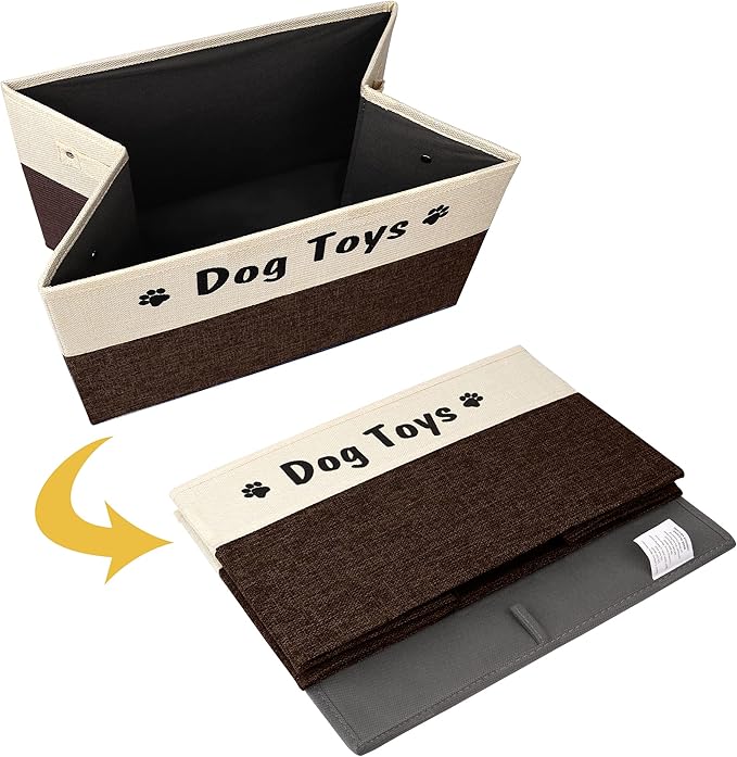 PET ARTIST Dog Toy Basket, Foldable Dog Toy Bin Box for Living Roon Area, Collapsible Storage Basket with Comfortable Handles for Pet Coat, Accessories, Brown, 15"x11"x9"