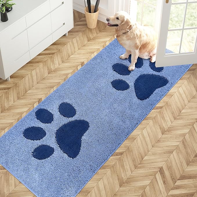 PURRUGS Dirt Trapping Door mat 32" x 70", Non-Skid/Slip Machine Washable Microfiber Entryway Rug, Dog Door Mat, Super Absorbent Welcome Mat for Muddy Wet Shoes and Paws, Light Blue