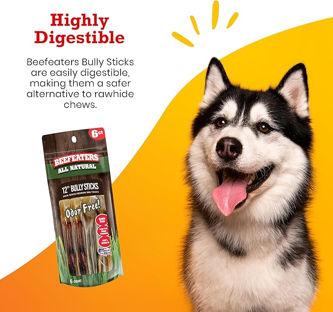 Beefeaters 12in Bully Sticks 6ct – All-Natural, Highly Digestible, Promotes Dental Health, No Additives or Preservatives, Ideal for Training & All Dog Sizes