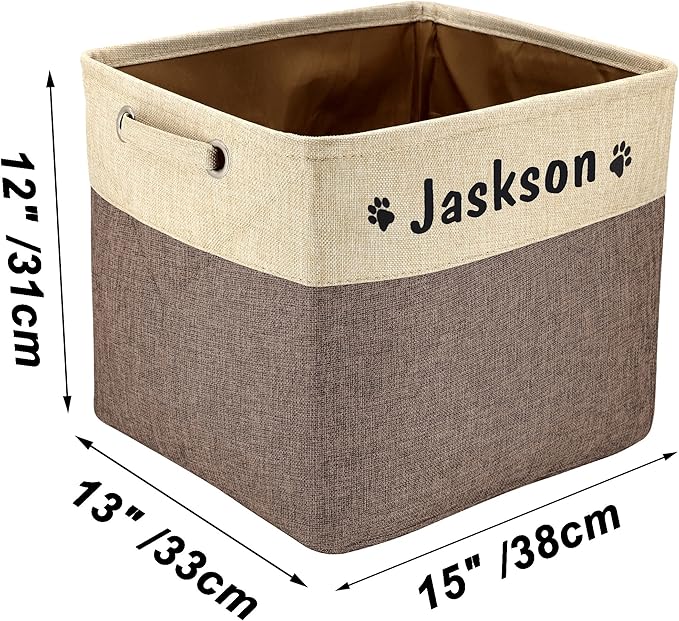 PET ARTIST Collapsible Toy Storage Basket Bin With Personalized Pet's Name - Rectangular Box Chest Organizer for Dog Toys, Clothing, Apparel & Accessories (Coffee Big One)