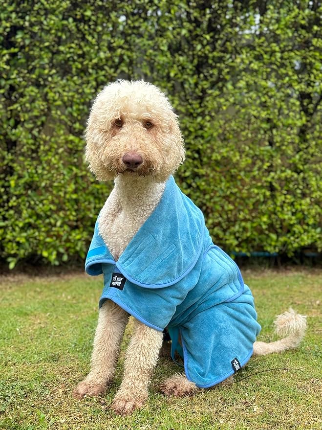 Tuff Pupper Fast Drying Dog Bath Robe | 800 GSM Plush Dog Towel Bathrobe/Dressing Gown | Super Absorbent Pet/Puppy Bathrobe | Adjustable Hood & Belly Strap | Super Soft | Fast Drying (XXXL, Blue)