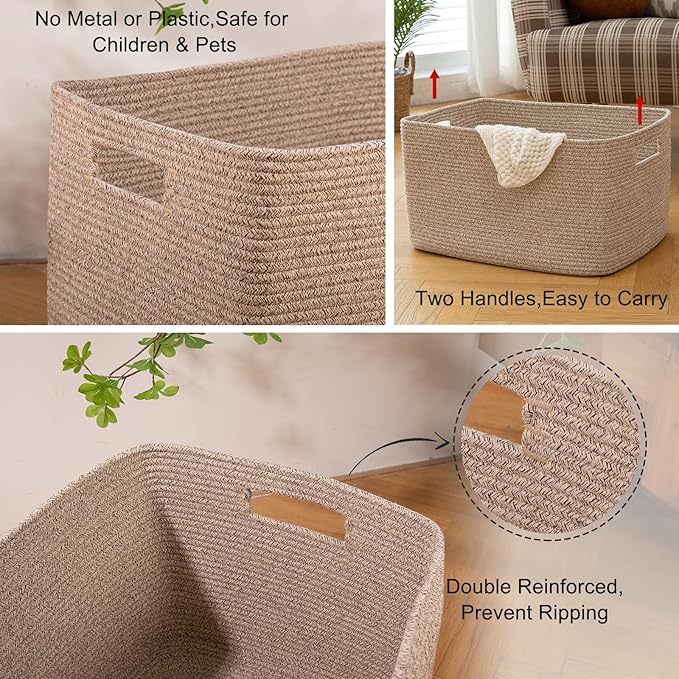 OIAHOMY 75L Large Woven Cotton Rope Storage Basket with Handle for Organizing Blanket and Toys for Living Room, Nursery, Brown Variegated 22”x17”x12”