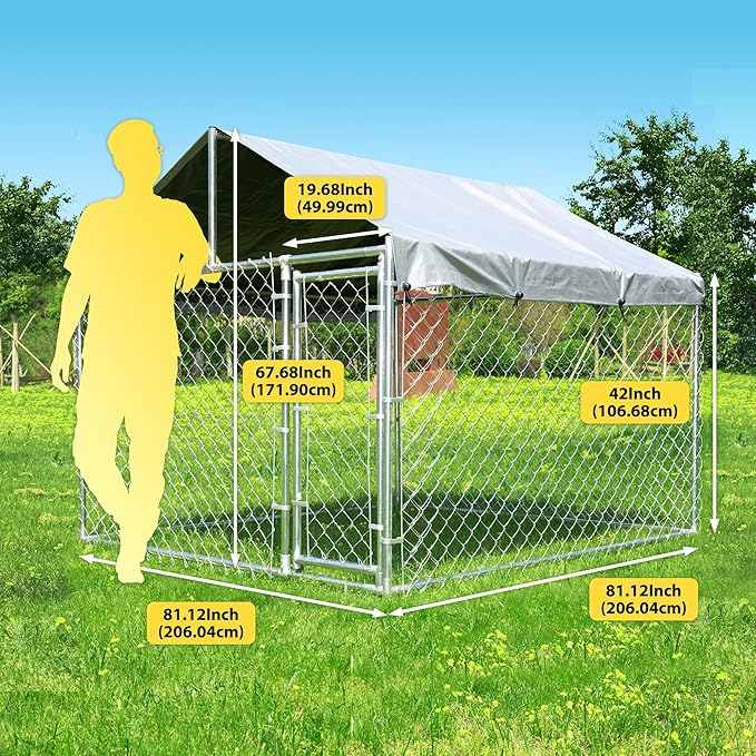 Large Dog Kennel Outdoor, Outside Dog Run Enclosure Heavy Duty Galvanized Steel Chain Link Metal Dog Pen House with Lockable Door and Water-resistant Roof, for Medium and Large Dogs(6.76'x6.76'x5.65')