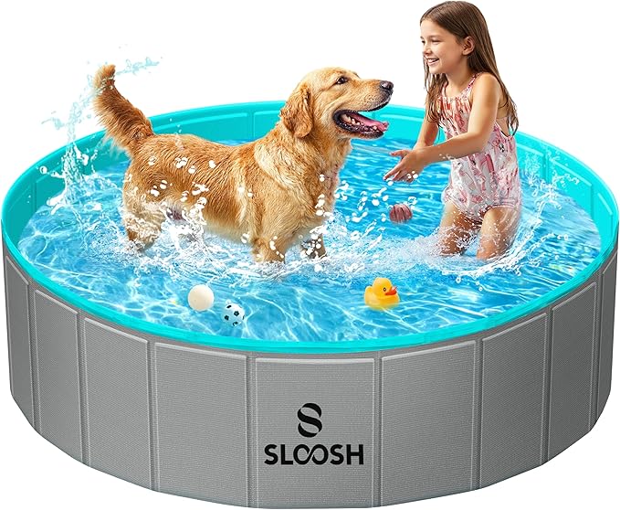 SLOOSH Foldable Dog Kiddie Pool - Portable Hard Plastic Doggie Swimming Pool, Anti-Slip Collapsible Pets Bath Tub Suitable for Kids Indoor Outdoor Backyard Use (48" x 12", Grey)