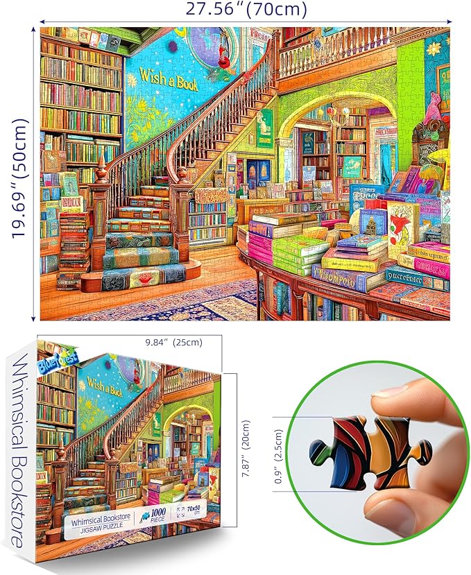 Fantasy Bookstore Adventure 1000 Piece Puzzle for Adults, Fun Puzzles for Adults 1000 Pieces with HD Print & Poster, 27.5 * 19.7 in Dust Free, for Gifts Halloween Christmas Family Games Lovers