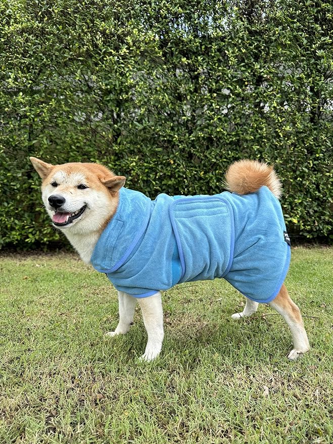 Tuff Pupper Bathrobe, Medium, Blue - Fast Drying Dog Towel Robe/Dressing Gown, 800 GSM Plush, Super Absorbent, Adjustable Hood & Belly Strap, Super Soft, Microfiber, Quick Dry