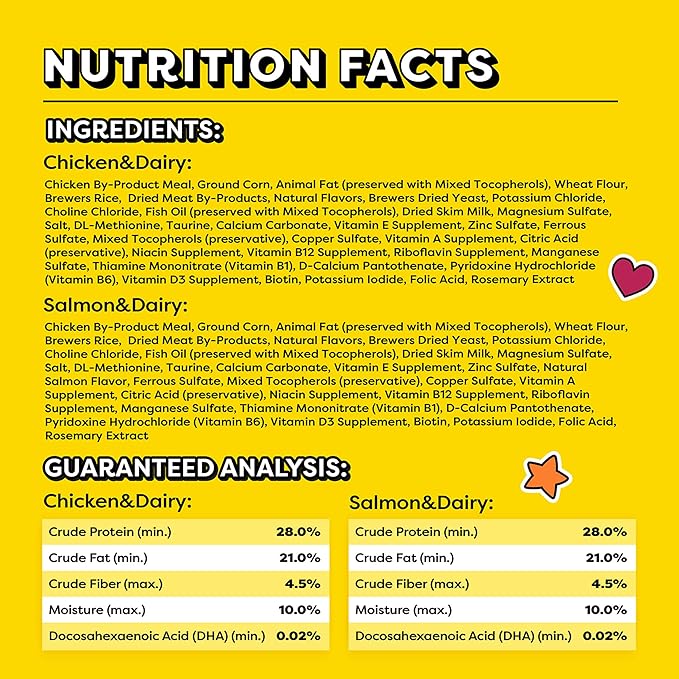Temptations Kitten Crunchy and Soft Treats Chicken and Dairy and Salmon and Dairy Variety Pack, 6.3 oz. Pouches (Pack of 4)