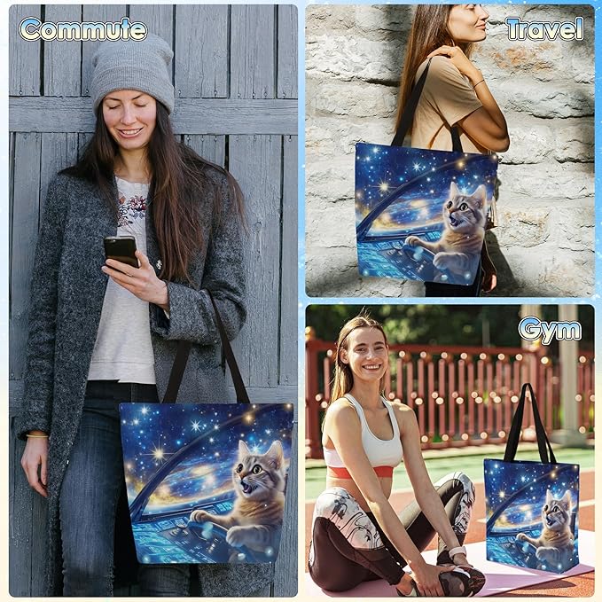 Spaceship Cat Canvas Tote, Multipurpose Shoulder Bag with Unique Sci-Fi Cat Design for Women & Men