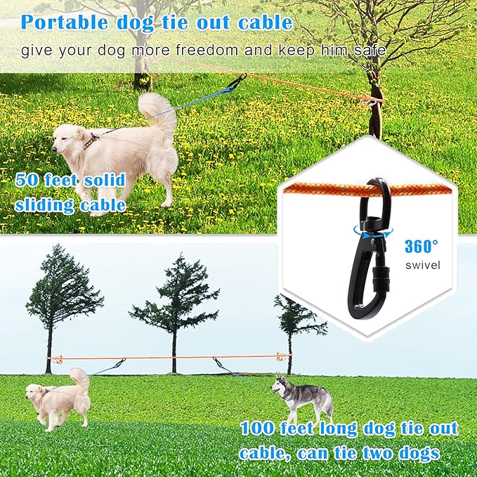 Dog Tie Out Cable for Camping, 100ft Reflective Overhead Trolley System for 2 Dogs, Portable Dog Hitching Lead up to 300lbs, Dogs Runner for Yard Camping Training Running Hiking Outdoor