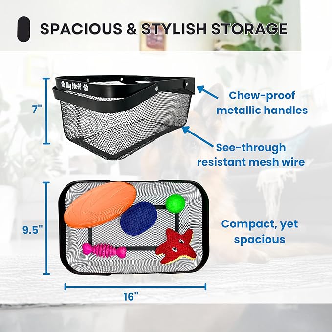 Dog Toy Basket Metal Mesh Metal, Chew Proof, 16 (L) x 9.5 (W) x 7 (H) inches Black Dog Toy Bin, Sturdy Pet Toy Basket