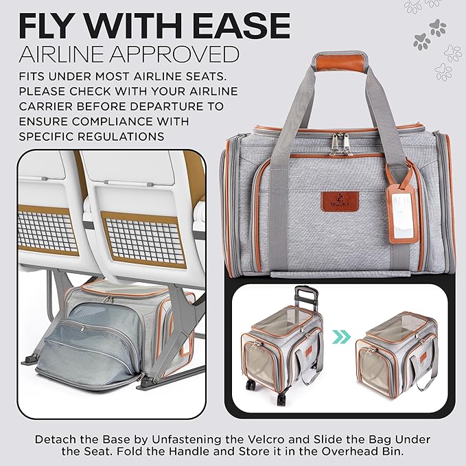 Premium Expandable Pet Carrier with Wheels - Airline Approved Rolling Travel Carrier for Small Dogs & Cats - Detachable Design with Name Tag, Seatbelt Buckles & Treat Pocket (18x11x11) - Ice Gray