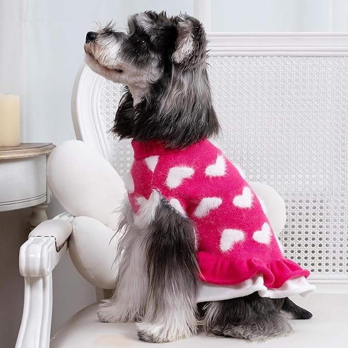 CuteBone Fancy Pink Dog Sweater Dress, Soft and Stretchy Dog Clothes for Medium Large Dogs Girl, Pink Heart Puppy Sweater Pullover Ruffle Dress Pet Outfit Cat Apparel
