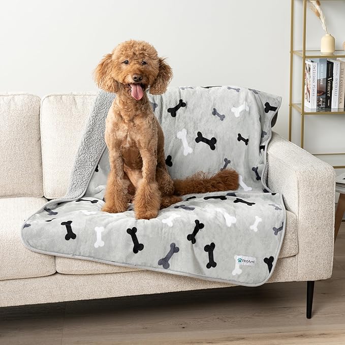 PetAmi Waterproof Dog Blanket for Medium Large Dogs, Pee Proof Pet Bed Couch Cover, Reversible Water Proof Blanket for Puppy Indoor Cat, Soft Dog Pee Crate Cover, Washable, 60x80 Bone Gray