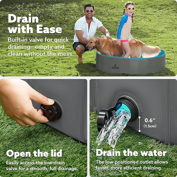 SLOOSH Foldable Dog Kiddie Pool - Portable Hard Plastic Doggie Swimming Pool, Anti-Slip Collapsible Pets Bath Tub Suitable for Kids Indoor Outdoor Backyard Use (48" x 12", Grey)