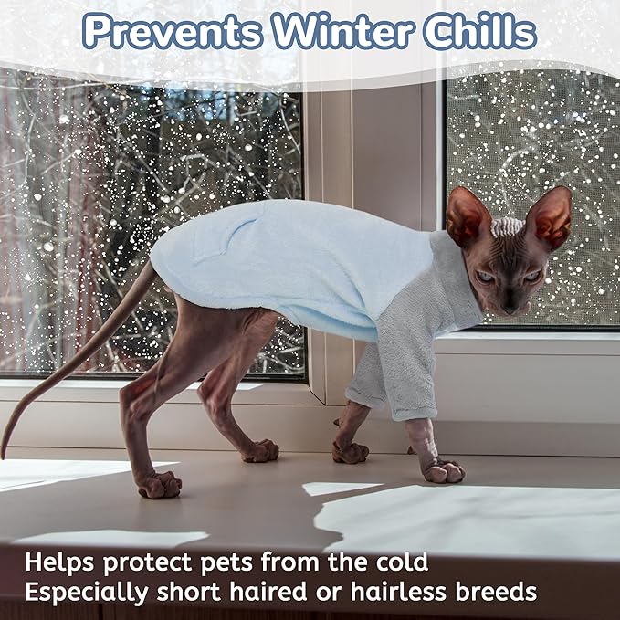 PUMYPOREITY Turtleneck Sweater for Sphynx Cat, Soft Coral Fleece Cat Clothes, Thick Winter Warm Outfit Coat with Sleeves, L, Blue