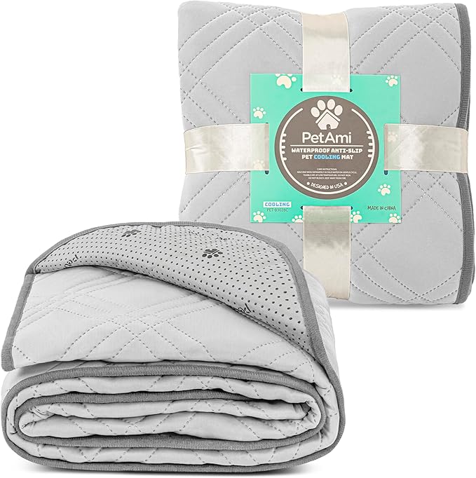 PetAmi Waterproof Cooling Mat for Dog, Premium Pet Cooling Blanket for Bed Crate, Anti Slip Indoor Dog Cool Pad for Sleeping, Q-MAX Large Sofa Couch Cover Mat for Cat, Light Grey, 40x60