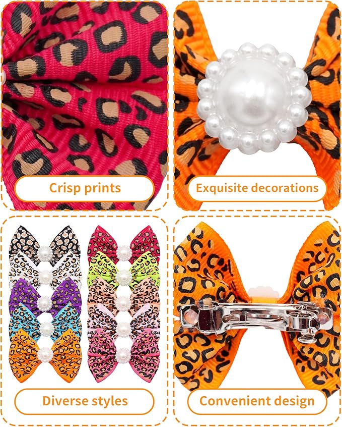 PET SHOW 10 Pack 2" Leopard Small Dogs Hair Bows with French Clips Rhinestone Yorkie Barrette Clip Bowknot for Medium Dogs Puppy Pet Cheetah Topknot Cat Grooming Hair Accessories