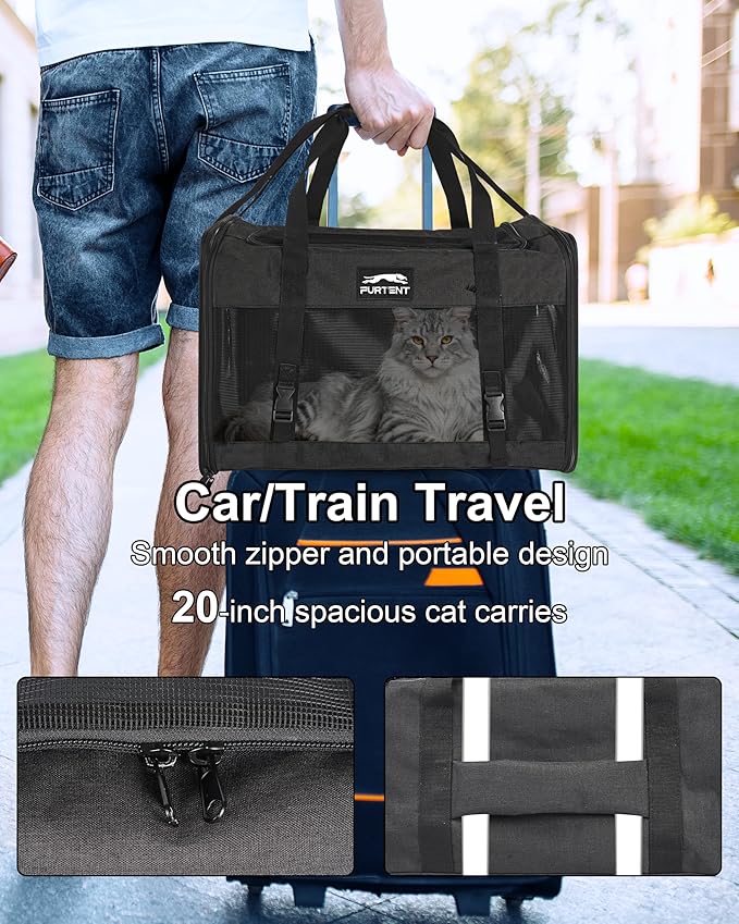 Soft-Sided Large Cat Carrier for 2 Cats, Spacious Foldable Pet Travel Carrier for Large Cats up to 25 Lbs, Double Cat Bag with Shoulder Strap, 20x13x13 Inch, Fits Maine Coon and Small Dogs, Black