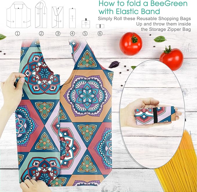BeeGreen Boho Gifts for Women Geometric Reusable Grocery Bags Mandala Shopping Bags Bulk 6 Pack 50LBS X-Large Foldable-Machine Washable-Heavy Duty Mandana Yoga Gifts