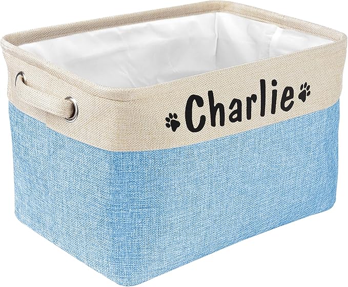 PET ARTIST Collapsible Dog Toy Storage Basket Bin with Personalized Pet's Name - Rectangular Storage Box Chest Organizer for Toys, Coats, Clothing & Accessories, Blue