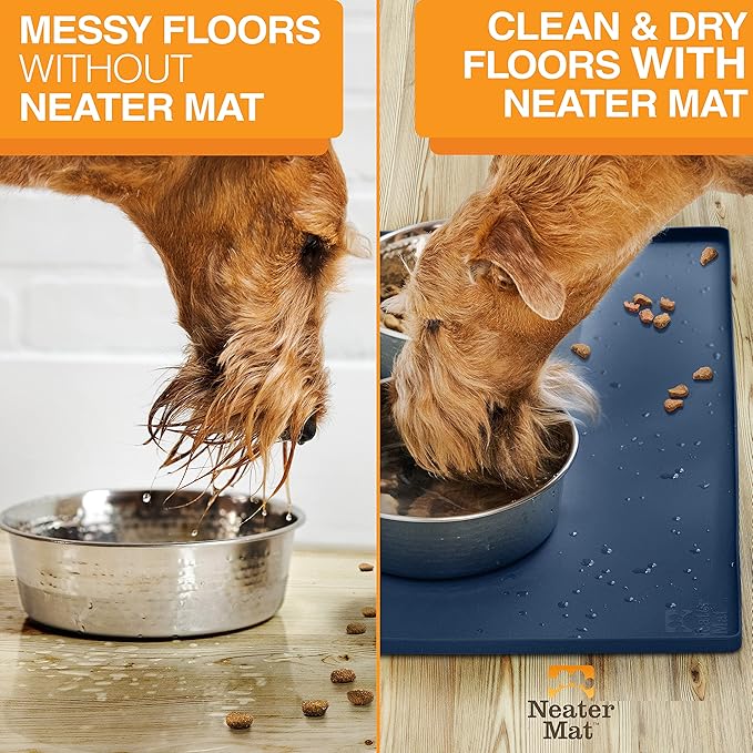 Neater Pet Brands Neater Mat Pet Mats for Food and Water, Cat & Dog Bowl Mat Waterproof Silicone, Feeding Tray, Dog Food Mats for Floors, Placemat w/Raised Edge for Under Bowls, 19” x 12”, Dark Blue