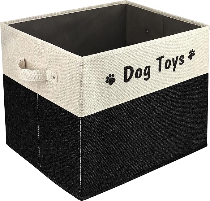 PET ARTIST Large Dog Toy Basket, Foldable Dog Toy Bin Box for Living Roon Area, Collapsible Storage Baskets with Comfortable Handles for Pet Coat,Accessories, Black, 15"x13"x12"