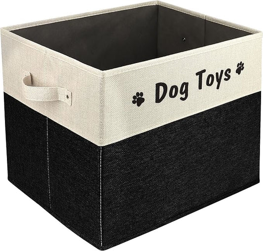 PET ARTIST Large Dog Toy Basket, Foldable Dog Toy Bin Box for Living Roon Area, Collapsible Storage Baskets with Comfortable Handles for Pet Coat,Accessories, Black, 15"x13"x12"
