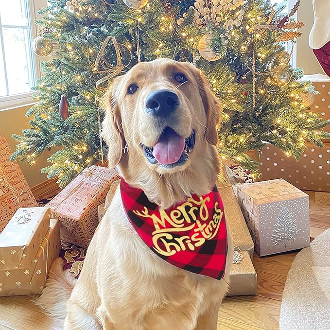 ADOGGYGO 2 Pack Dog Bandana Christmas Classic Plaid Triangle Pet Scarf Bibs Kerchief Merry Christmas Bandanas for Medium Large Dogs Pets