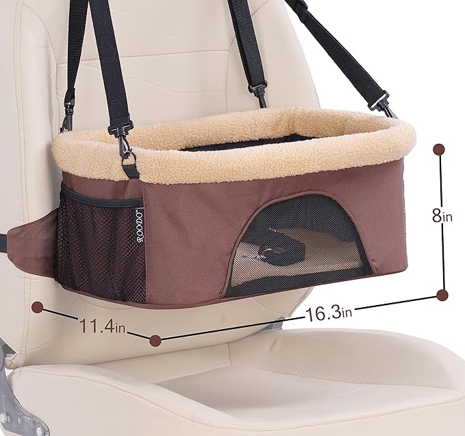 ROODO Deluxe Dog Booster Seat with Height-Adjustable Foldable Metal Frame and Safety Leash,Portable Pet Car Seat for Under 20lb Puppy Cats with Plush Thick Cushion Mesh Window Pockets(Khaki)