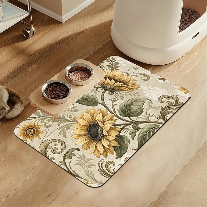 Vintage Sunflower Pet Feeding Mat for Floors–Absorbent Quick Dry Dog Cat Bowl Mat for Food and Water, Non Slip Waterproof Base, Mess-Free Feeding Accessories 12"x20"