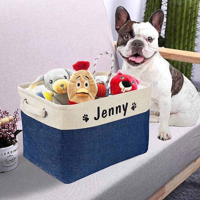 PET ARTIST Collapsible Dog Toy Storage Basket Bin with Personalized Pet's Name - Rectangular Storage Box Chest Organizer for Dog Toys,Clothing,Apparel & Accessories-Navy Blue