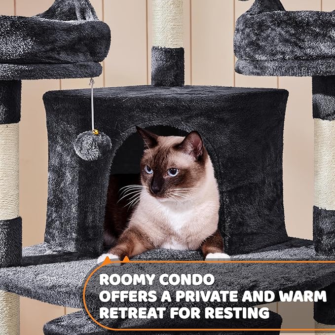 Yaheetech 68.5in Cat Tree for Large Cats, Multi-Level Cat Tower with 3 Wide Perches, Large Condo, Stable Pet Play House w/Sisal-Covered Scratching Posts & Board, Black