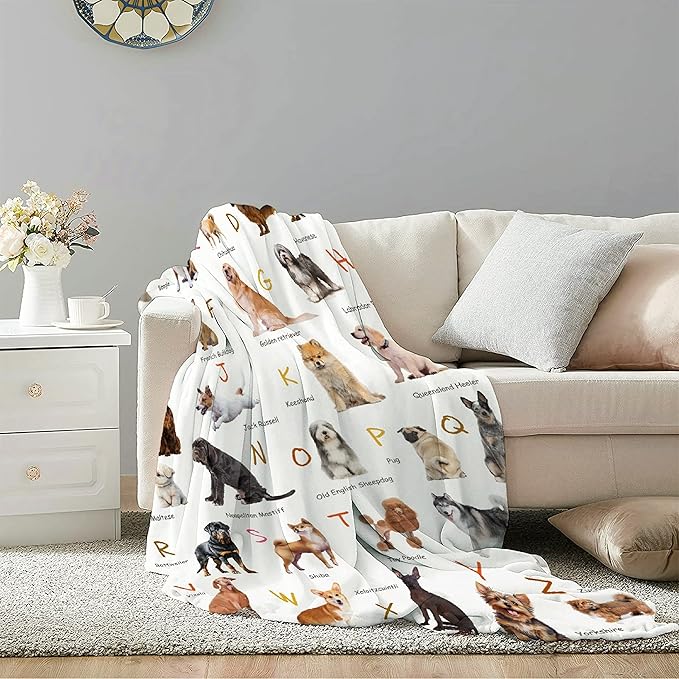 Dog Alphabet Print Blanket, Personalized Dachshund Blanket, Dog Gift for Dog Lovers Mom Dad Cute Dog Paw Prints Soft Flannel Throw Blanket for Bed Sofa Travel Large 80"x60" for Adults
