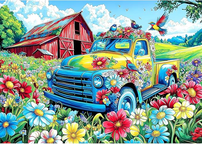 1000 Piece Puzzles for Adults, Graffiti Pickup Truck & Hummingbird Puzzle for Adults, Clearance Challenge Art Jigsaw Puzzle, for Gift Birthday Party Games Family, 27.5 * 19.7 Inch Dust Free Puzzle