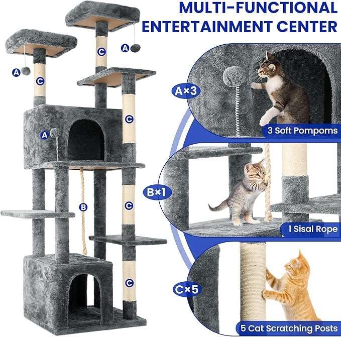 69-Inch Tall Cat Tree with Huge Condos, Multi-Functional Cat Tower with Top Perches, Scratching Posts, Pompoms, for Climbing, Lounging and Playing (Grey)