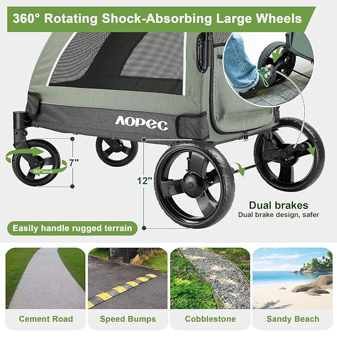 Large Dog Stroller - Dual Entry Safety Folding Pet Stroller with Adjustable Handle, All-Terrain 4-Wheel, 160 lbs Weight Capacity for Travel & Outdoor Adventures - Green