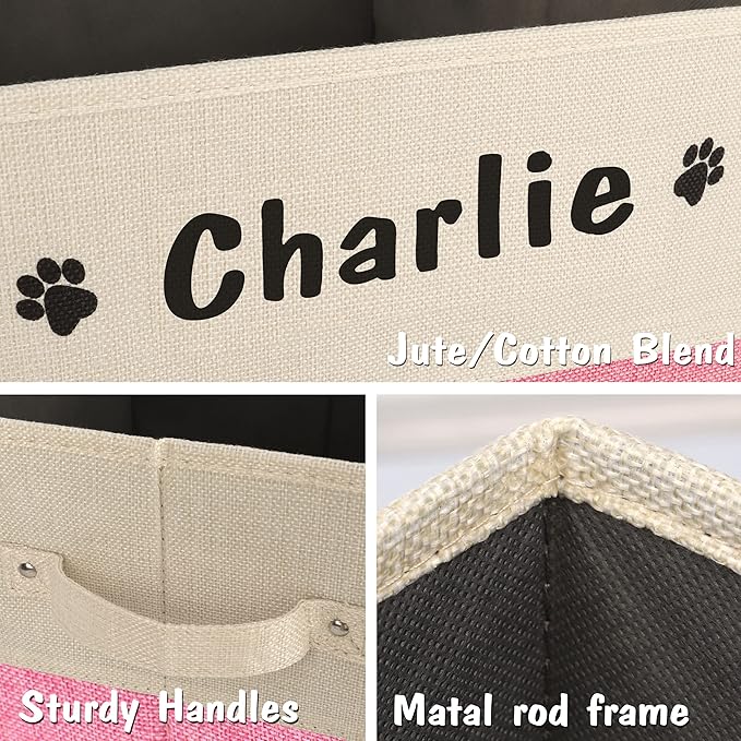 PET ARTIST Large Dog Toy Basket, Custom Toy Bin Box Personalized with Pet's Name, Collapsible Pet Storage Baksets With Handle for Toys,Blankets,Accessories- Pink